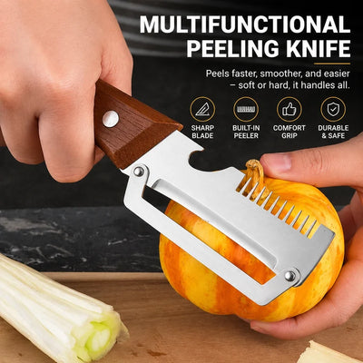 3-in-1 Vegetable Peeler — Peel, Shred & Open Bottles | Stainless Steel with Wood Handle
